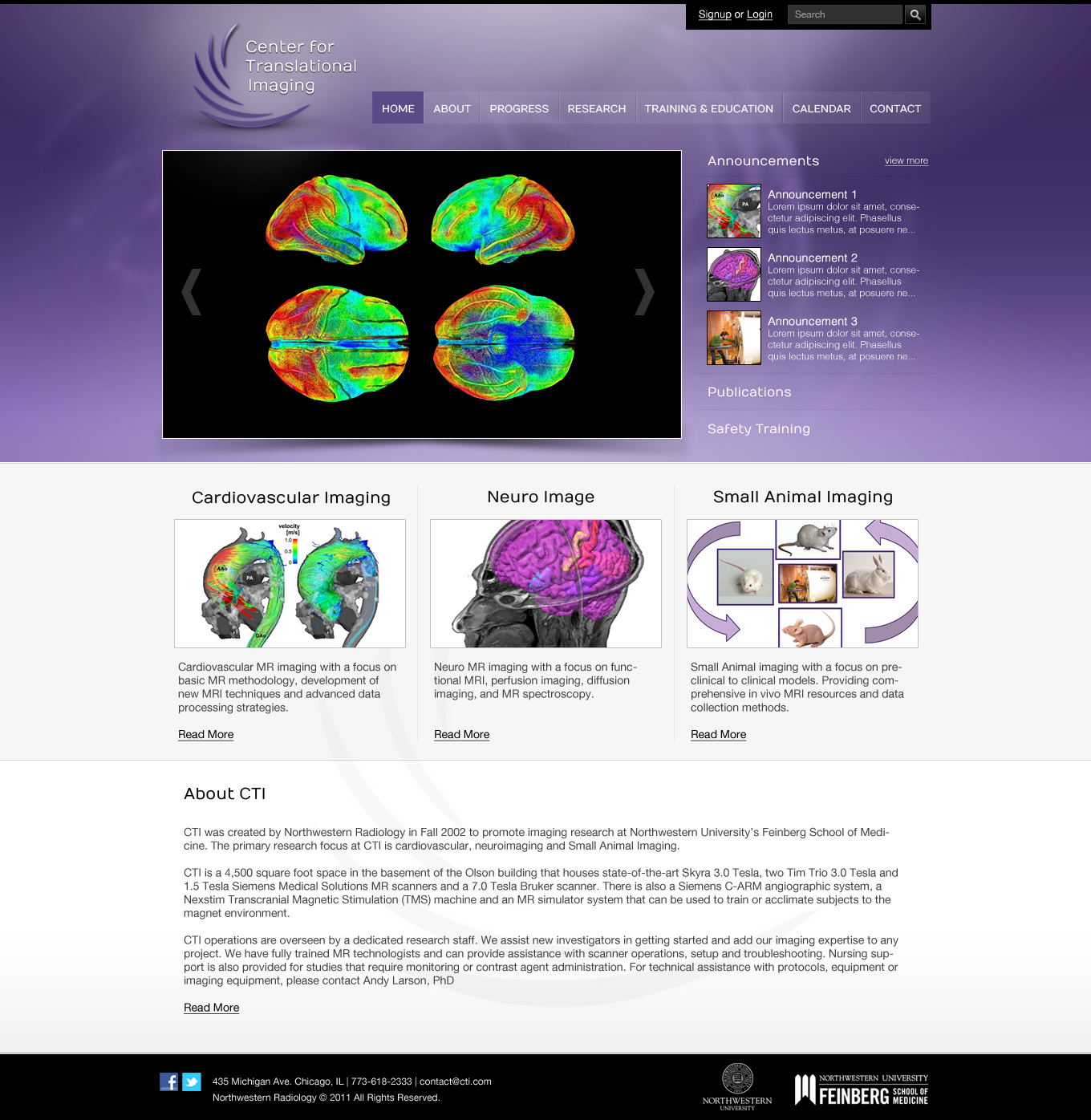A screenshot of the Northwestern University Center for Translational Imaging website.