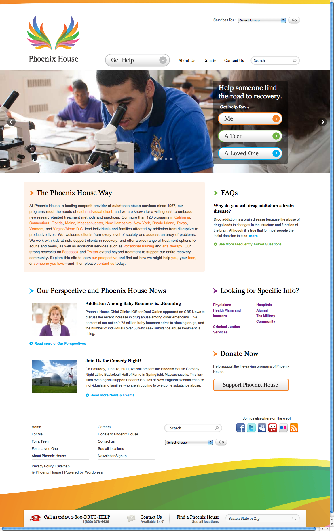 The homepage of Phoenix House, a nonprofit healthcare organization, featuring a welcoming design.