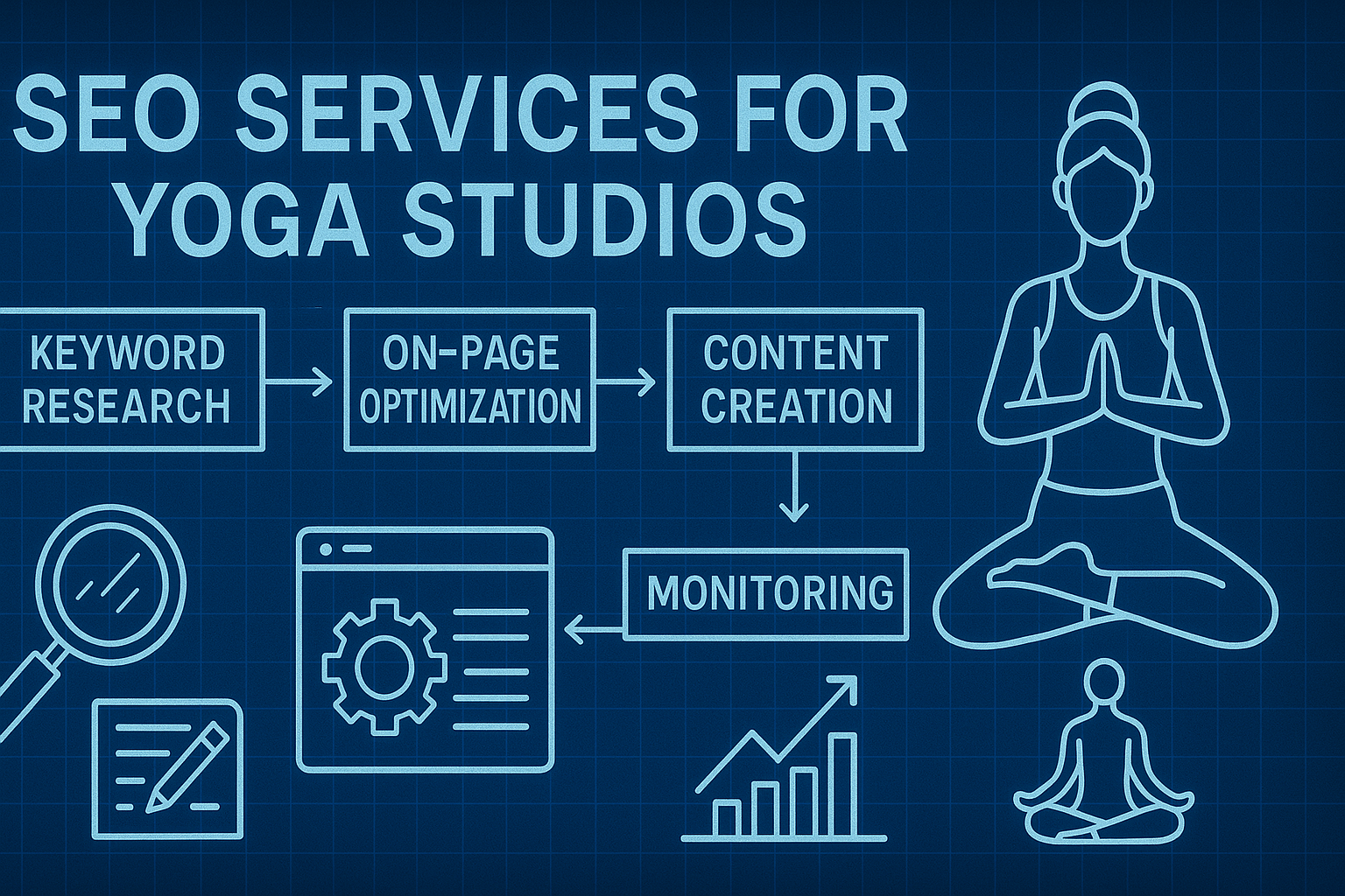 SEO Services for Yoga Studios - workflow diagram (Design Delulu)