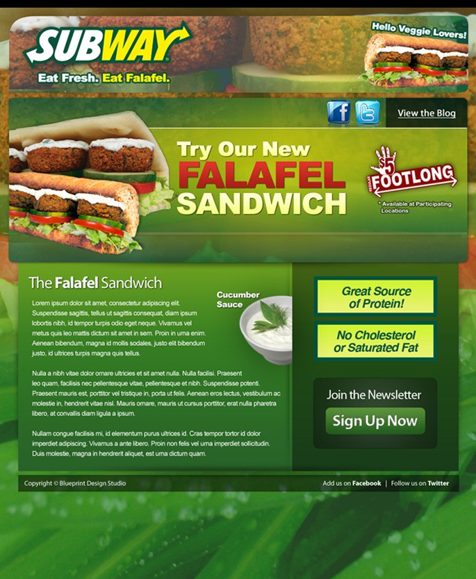 In-store promotional signage for the Subway Falafel Sandwich, featuring lifestyle photography.