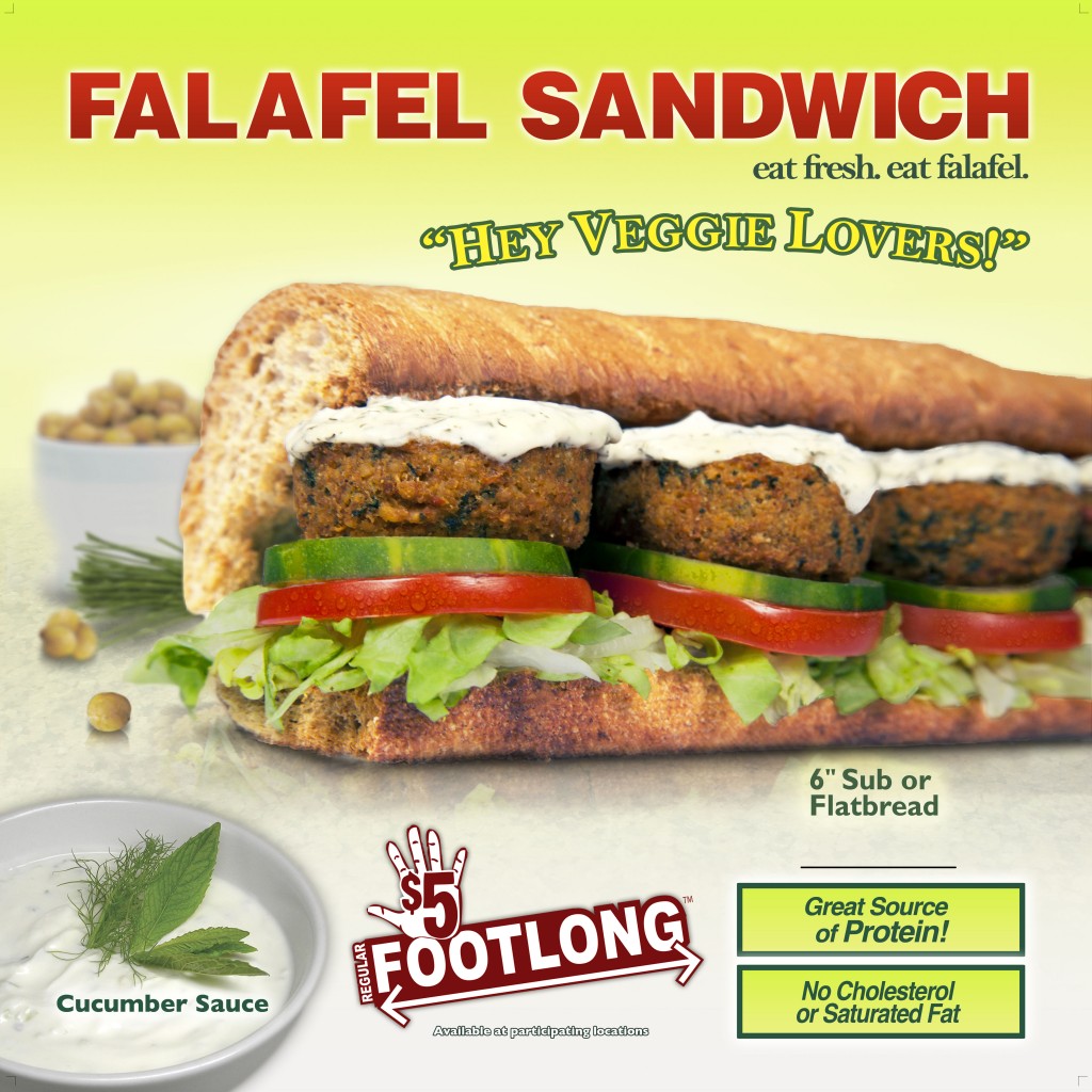 Promotional image for Subway's Falafel Sandwich, showing the sandwich with fresh ingredients.
