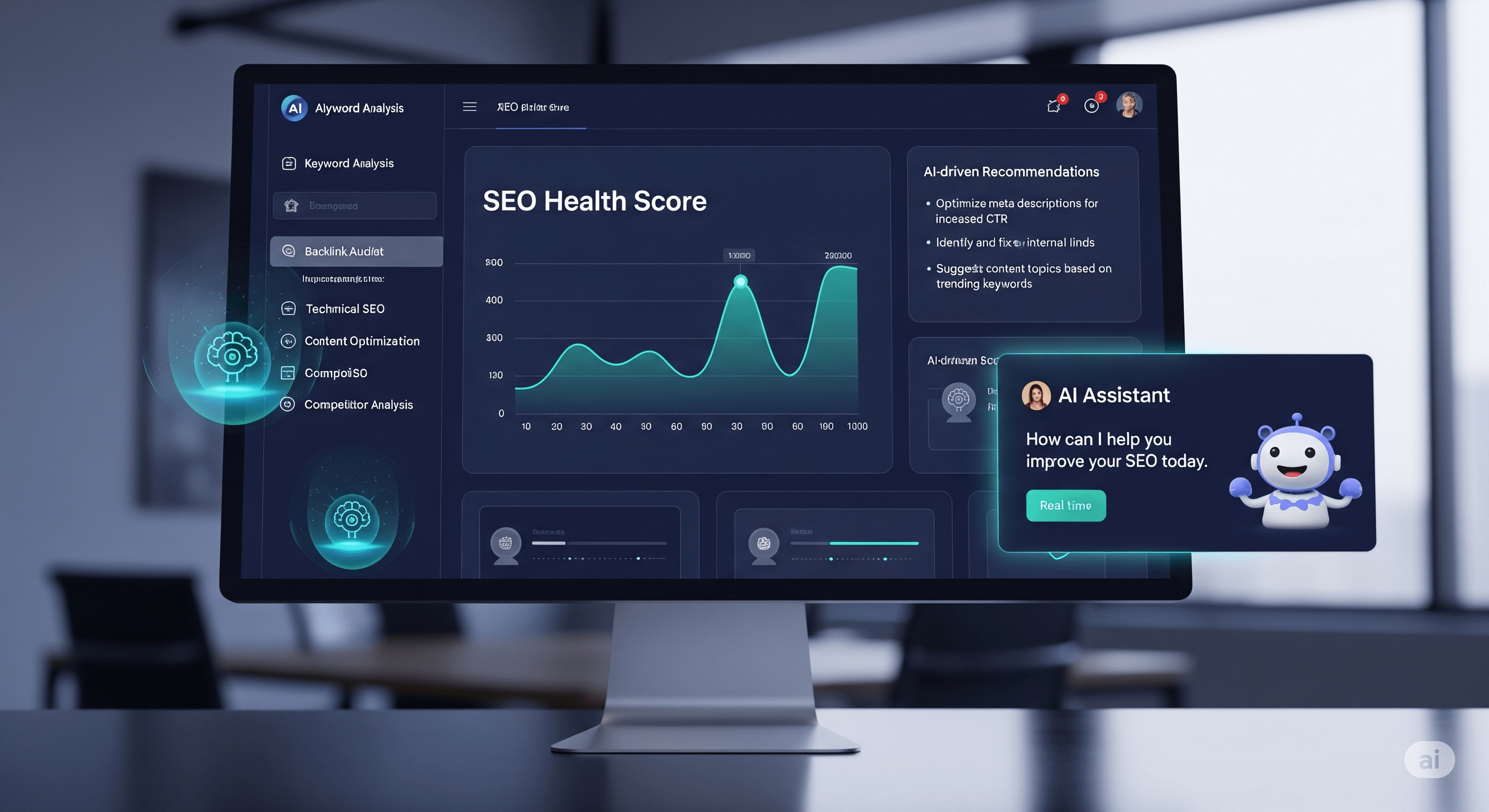 A dashboard showing an SEO audit report with scores and recommendations.