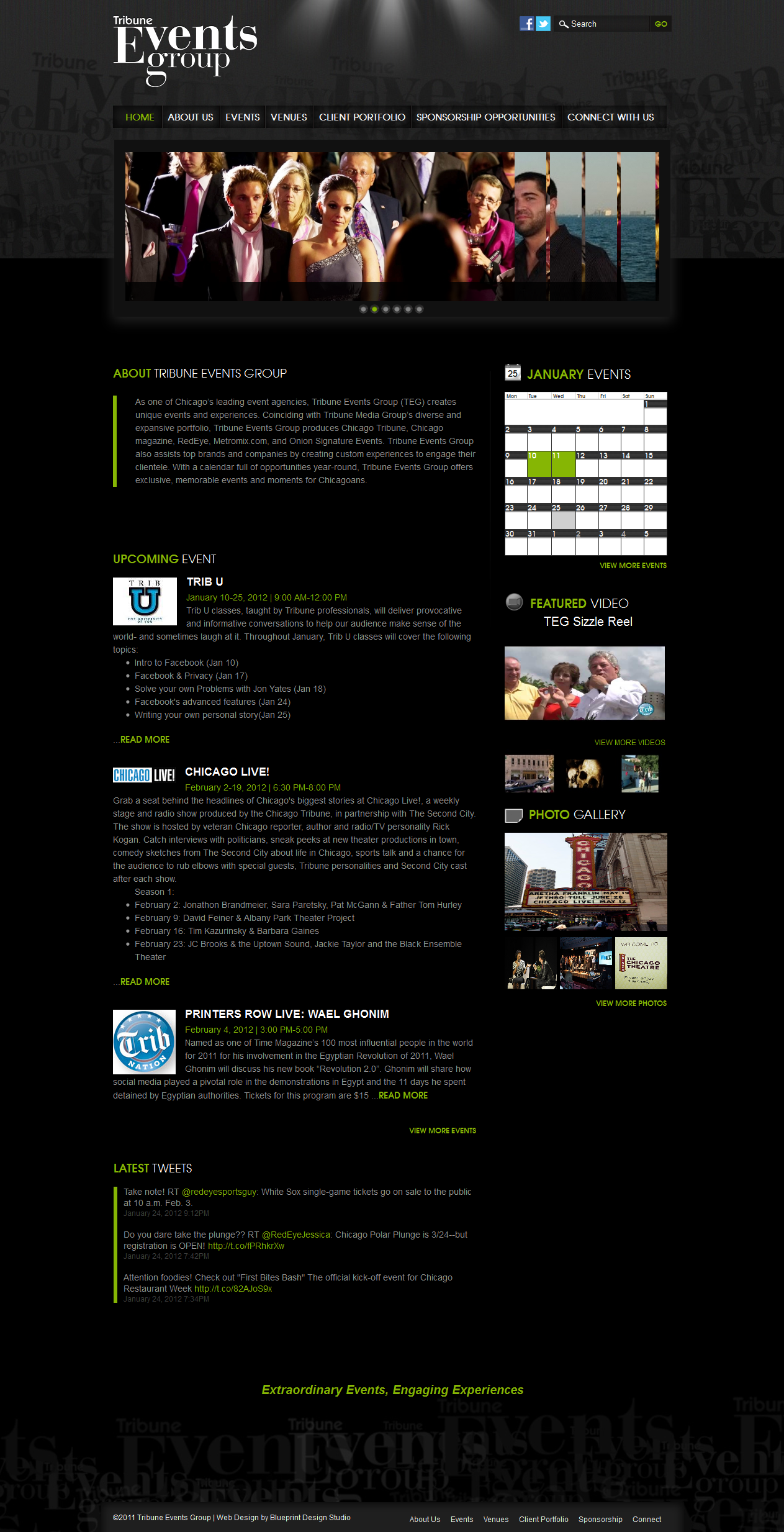 A screenshot of the Chicago Tribune Events Group website, showing a clean layout with event listings.